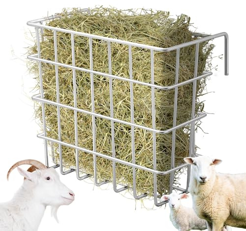 Gisafai Galvanized Hay Feeder Goats 21.5 x 10.5 x 18 Inches Size Right for a Flake of Heavy Duty Welded Wire Large Goat Hay Rack Wall Single Sided Feeder with Hook for Sheep Horses Farm Yield(Silver)
