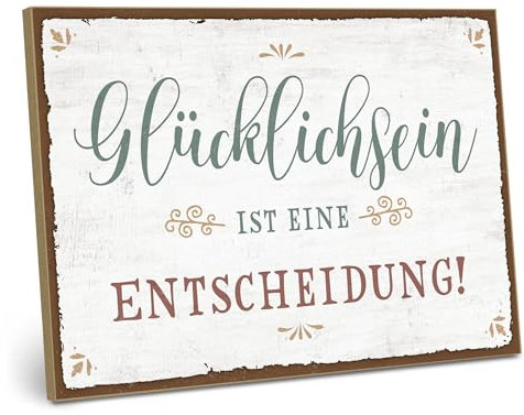 ARTFAVES® Wandbild Holzschild mit Spruch - Glücklichsein ist eine Entscheidung - Türschild Retro Vintage Deko Bild Geschenk - Glück, Leben
