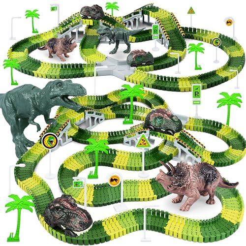 Dinosaur Race Track Car Toy, 252 Pcs Create A Dinosaur World Road Race Tracks, with 2pcs Dinosaur Car,Flexible Track Playset, Birthday Party Gift for 3 4 5 6 Boys Girls Year Old