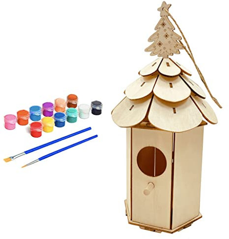 CPAOWEHF Bunt bemaltes Holzornament-Set für Kinder, Vogelhaus-Kits, handgefertigte Malerei, Holzfarbe, Handwerk