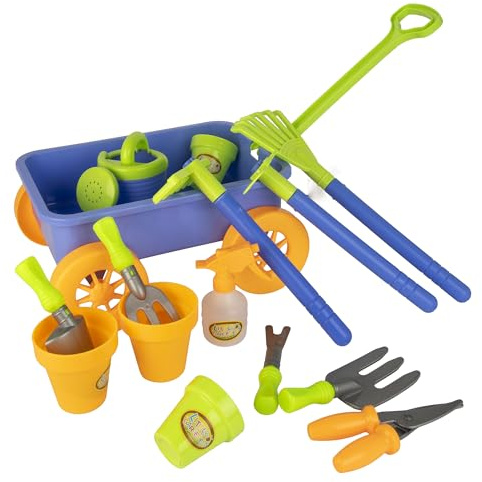 My Play House Kids Pull-Along Wagon Play Set – Garden & Beach Toy Wheelbarrow with Water Pail, Spray & Tools – 10 Accessories + 4 Plant Pots – Outdoor Role Play Toy for Toddlers – Ages 3+