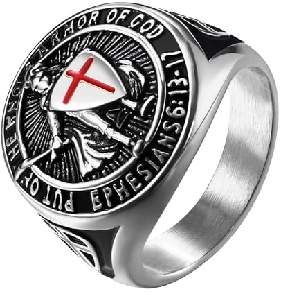 Flongo Men's Vintage Stainless Steel Ring: Knights Templar Cross Armor Shield Ring Amulet Jewelry Gift