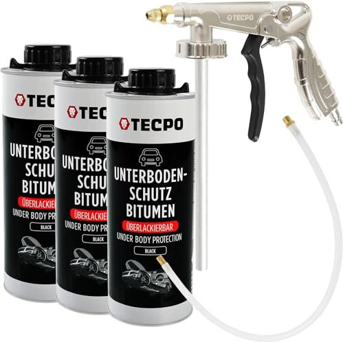 TECPO Unterbodenschutz Bitumen Überlackierbar, 3 Liter Saugdose schwarz UBS Set mit Druckluft Sprühpistole für Steinschlagschutz Karosserieschutz Rostschutzmittel