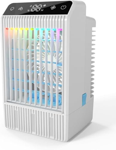 Climatiseur Mobile, 5 en 1 Climatiseur Portable Rafraichisseur D'air Silencieux avec Télécommande, 4 Vitesses, 2 Brumes, 2-12H Timer & 3 LED Mini Ventilateur Climatiseur pour Chambre et Bureau, 1000ML