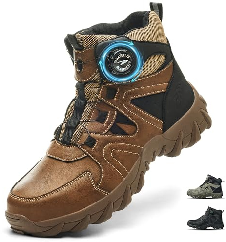 COOU Botas de Seguridad para Hombre Mujer Ligeras Antideslizante Botas de Trabajo con Punta de Acero Zapatos de Seguridad Altos Zapatos de Trabajo Comodo C13/Marrón 43