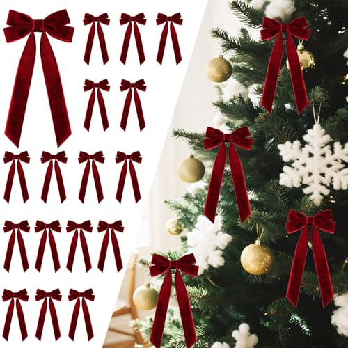 16Pcs Velvet Ribbon Bows for Christmas Tree, Vintage Rustic Small Craft Bows Ornaments for Garland Wreath Gift Wrapping Candy Bags Party DIY Decorations (Burgundy, 5 x 10, Width of 1)