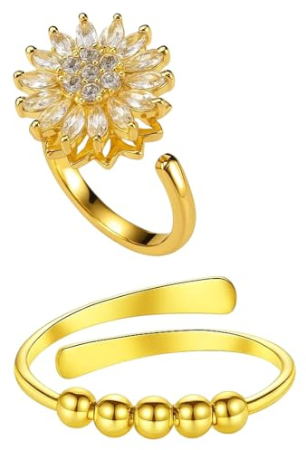 BbiuRer Anxiety - Anello in oro con 2 zirconi rotanti, anti-stress per le donne, anello fidget per la gestione dello stress, elegante regalo per occasioni