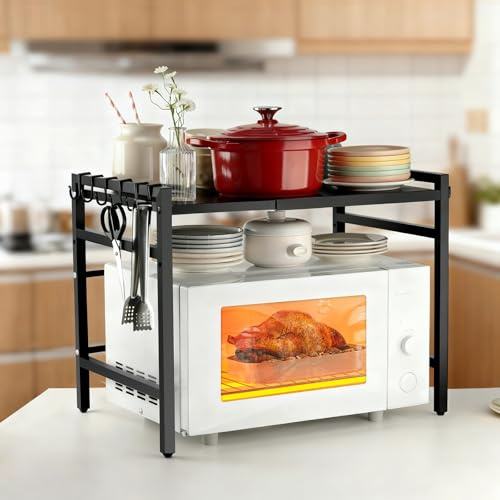 VINATO Mensola Microonde Regolabile - Senza Forare! Scaffale Cucina 50kg, Aggiustabile 40-63cm con Ganci - Per Forni, Elettrodomestici & Spazi Stretti