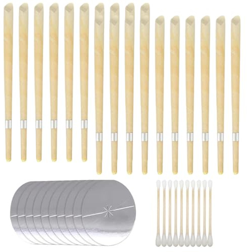 OIXEYA 20 Pièces Bougie Oreille de Bougie en Cire D'abeille, Organique Naturelle Bougies Pour Ies Oreilles Nettoyer le cérumen, avec 5 Disques de Protection de 10 Pièces Cotons Tiges