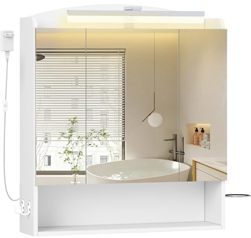 Hzuaneri Specchio Bagno Contenitore, Mobiletto a specchios con illuminazione a LED, porta asciugacapelli e ganci, mobile specchio bagno, con Ripiano Regolabile, 16,5 x 70 x 80 cm, Bianco MC00303XEU