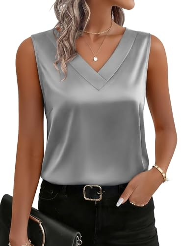 Zeagoo Shirts for Women Silk Satin Tank Tops V Neck Sleeveless Camisoles Business Casual Work Blouses Grey