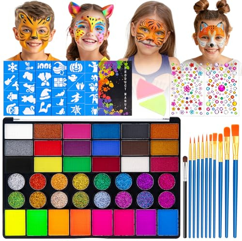 KICNIC Set di trucchi per bambini, 42 colori, trucco per bambini, trucco teatrale con 11 pennelli, 5 modelli, 2 spugne, 2 adesivi, base d'acqua per Halloween, carnevale, carnevale