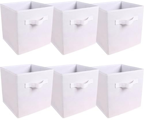ZOONFA Foldable Cube Storage Boxes Set of 6 Linen Storage Cubes Basket Bins for Clothes Kid Toys Shelf Organizer (White)