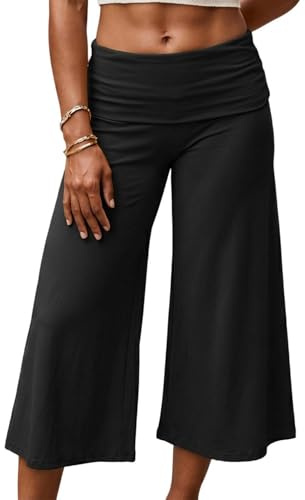 Barbotimer Women Wide Leg Capri Pants Y2k Fold Over Low Rise Lounge Yoga Flare Culottes Flowy Crop Palazzo Pants for Beach Vacation