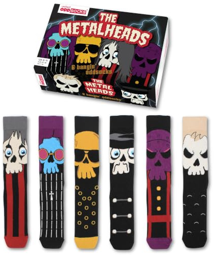 United Oddsocks Metalheads Gift Box, 6 Colourful Mix and Match Men’s Socks | Rock Inspired Novelty Socks Mens, Cotton Rich Socks for Men, Fun Graphic Socks for Music Fans, UK 6-11 EUR 39-46 US 7-12