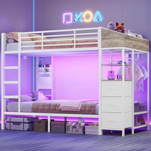AOGLLATI Lit Superposé 90x200 avec Éclairage LED et 4 Ports USB, 2 x Lit 90x200 avec Sommier en Métal avec 4 Étagères, Tringle, Sac, 3 Tiroirs XL et 2 Niche en Tissu,Matelas Non Inclus, Blanc