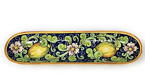 CERAMICHE D'ARTE PARRINI - Italian Ceramic Serving Appetizer Tray Baguette Flatware Decorative Lemons Blue Made in ITALY Tuscan