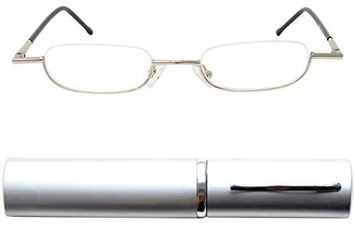 Mini Brille - Mini Slim Half Eye Metal Reading Glasses, Stainless Steel Frame (Silver), Slim-Fit Aluminium Tube Case, Slimline Reading Aid Men and Women +2.50 Magnification