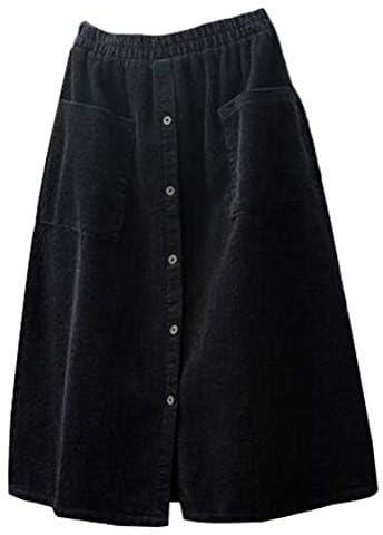 Minibee Women's Corduroy Midi Skirt Front Split Buttons Decoration A-Line Dress Black XL