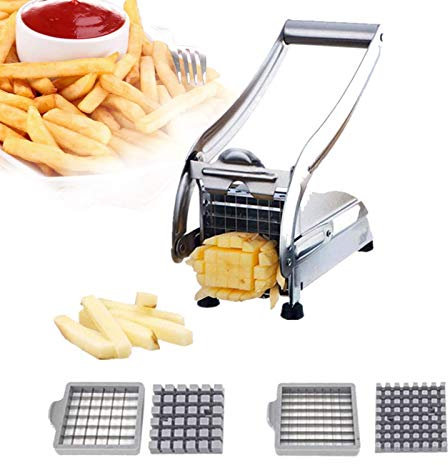 Stainless Steel Potato Cutter Features Interchangeable ⅜” and ½” Cutting Blades for French Fry Cutter, Veggie Slicer, Easy Slicing