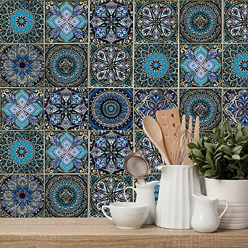 24pcs Moroccan Tile Stickers 15x15cm Blue Bathroom Tile Stickers for Kitchen Transfers Cover Stick On Wall Peel and Stick Tile Decals Waterproof 6x6