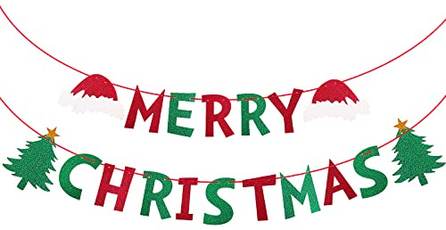 Cobee God jul banderoll, glittrig julbanderoll vimpel vimpel banderoll för festdekoration julhatt röd & grön julgran hängande ornament för hem kontor fest eldstad mantel
