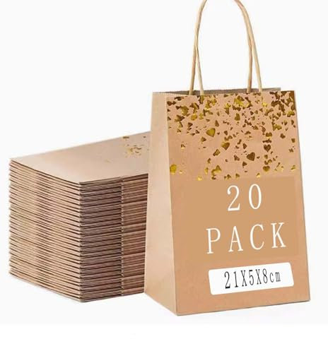 LTHERMELK PapiertüTen Mit Henkel, 20 StüCk GeschenktüTen Aus Kraftpapier Bronzing Kraft Tasche Mit Griff Geschenktaschen FüR Hochzeit Feiern Geburtstag Party Einkaufen (21 * 15 * 8cm, Rosé Gold)