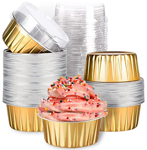 Mini Aluminum Foil Cupcake Baking Cups with Lids (40pcs, 5oz) Round Cupcake Foil Liners Tart Pie Tin Pan Holder - Disposable Mini Cake Containers Flan Molds for Pudding, Souffle, Party, Wedding