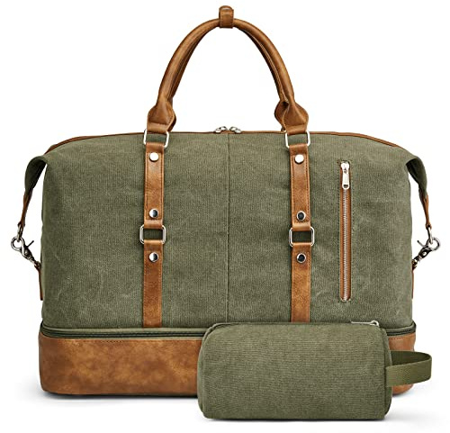 S-ZONE Weekender Bag for Men Canvas Duffle Large Weekend Overnight Travel Carry On Tote Bag with Shoe Compartment (Army Green)