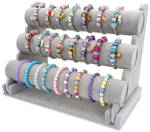 powerking Velvet Jewelry Organizer Stand, 3 Tiers Grey Detachable Bracelet Display Stand and Holder, Jewelry Display Organizer for Bracelet Watch