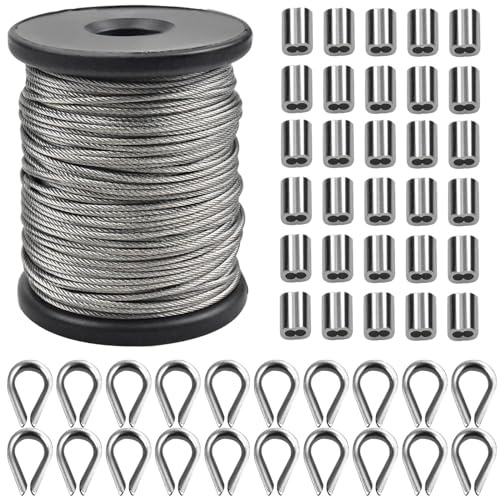 Kit de Cables de Acero Inoxidable,50M x 1,5mm Cuerda Tendedero Acero,Picture Hanging Wire Alambre Acero Inoxidable,Cable Metálico con 30PCS Bucle Prensado Aluminio y 20PCS Dedales Cuerda Alambre
