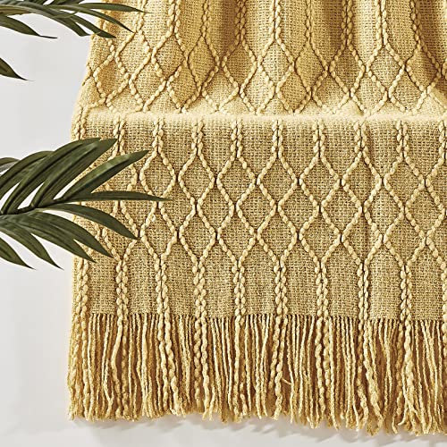 KASYLAN 100% Acrylic Knitted Throw Blanket Textured Solid Soft Decorative Throw for Sofa, Couch, Bed,127x152cm,Mustard