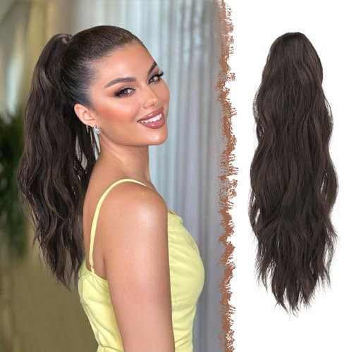 FESHFEN Coleta Postiza Larga con Pinza, Ondulada Cola de Caballo Extensión 50 cm Clip de Garra en Extensión Ondulado Extensiones de Cabello Sintética para Mujeres Marrón Oscuro