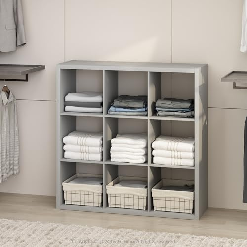 Furinno Kubisk öppen rygg mångsidig kläder och garderob förvaring organiseringshylla, 9-kuber, ljusgrå