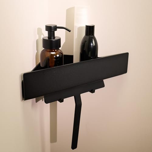 Designfabrik Hamburg Duschablage ohne Bohren | Eckregal Bad | Duschregal ohne Bohren | Kleberegal Bad | Duschkorb selbstklebend | Badaccessoires | Duschablage Ecke Schwarz