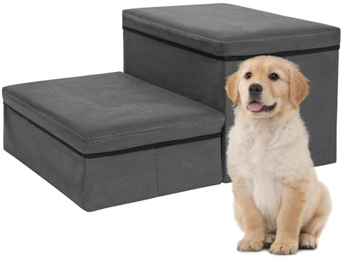 AKOZLIN Scala per animali domestici 2 in 1 con 2 gradini pieghevoli, rampa extra larga per cani e gatti, scala per animali domestici per cani di piccola, media e grande taglia, grigio scuro