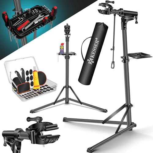KESSER Soporte profesional de reparación de bicicletas de aluminio para bicicletas de montaña, bicicleta eléctrica, soporte de montaje resistente + bolsa con dispositivos de liberación rápida