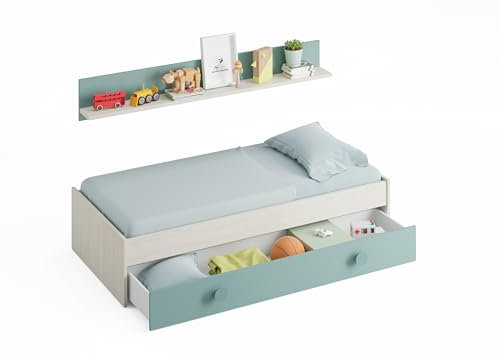 duehome | Cama Nido Juvenil, 2 Camas + Estante, Modelo Yuki, Color Blanco Alpes y Verde Acqua, Medidas: 200 cm (Largo) x 98 cm (Ancho) x 43 cm (Alto)