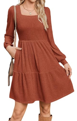 Zeagoo Knitted Dress for Women Long Sleeve Dress Lightweight Jumper Dress Knee Length Tunic Dress with Pockets Elegant A Line Ribbed Dress Caramel M