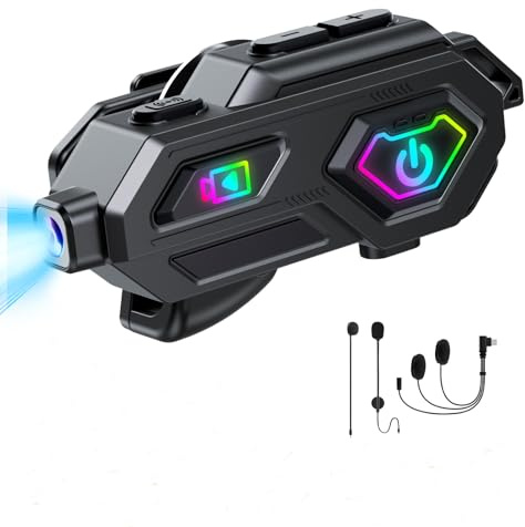 BestYiJo Auriculares Bluetooth para casco de motocicleta con grabación de vídeo HD 1080p, intercomunicador, FM, impermeabilidad IPX6 e iluminación