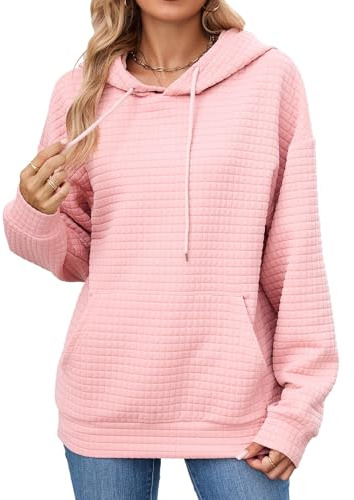 iChunhua Long Hoodies for Women UK Pink Waffle Knit Lightweight Hooded Jumpers Ladies Tunic Tops Knitted Pink L