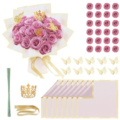 DASIAUTOEM 24 stycken röda glitterrosor, alla hjärtans dag, glitter, rosbukett, gör-det-själv konstgjorda buketter med krona, presenter till jul, födelsedag, årsdag, bröllop, mors dag (rosa)