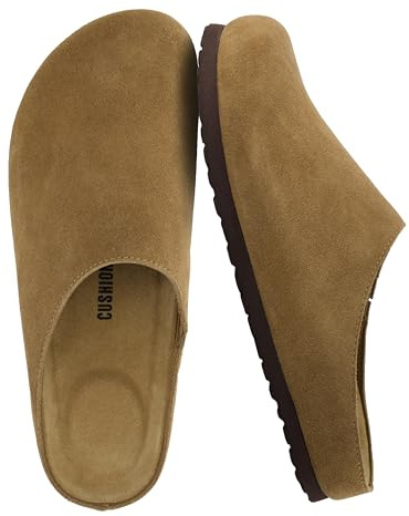 CUSHIONAIRE Heath Genuine Suede Leather Mens Clogs with Memory Foam Comfort, Easy Slip On Slides for Men, Brown 10