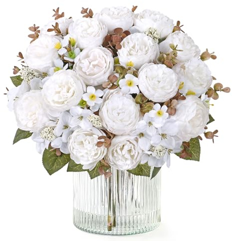 DEMIUKO konstgjorda blommor vit hortensior bukett vår blommor konstgjorda rosor som äkta falska sidenblommor inomhus blommor dekoration för bröllop fest kök bord hem blomarrangemang (4, cremevit)