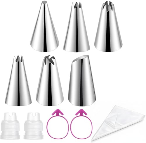 HJZHII 100 stycken spritpåsar med tyllar, 6 spritstyllar 2 kakorkopplingar 2 spritpåsar gummiband professionella baktillbehör piping bag piping tips för dekoration av tårtor lämpliga kakor hembakning
