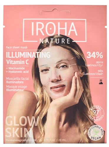 Iroha Nature - Mascarilla Facial Iluminadora e Hidratante con Vitamina C Pura y Ácido Hialurónico | Ilumina e Hidrata | Resultados Instantáneos en 15 Minutos | 100% Biodegradable