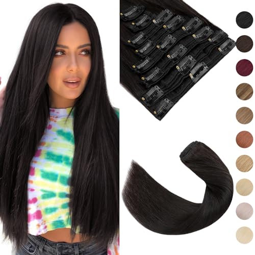 Silk-co Clip In Extensions 18 Clips 8 Tressen Natural Schwarz, Echthaar Hair Extensions Clip In Extensions Echthaar Remy Echthaar Haarverlängerung 150g 1B# Naturschwarz