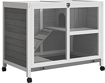 PawHut Kaninchenstall aus Holz Hasenstall mit 2 Etagen Freilaufgehege Rädern Klappdach Rampe Tablett, Winterfest Meerschweinchenstall Kleintierstall Kaninchenkäfig für Innen, 91,5 x 53,3 x 73 cm Grau