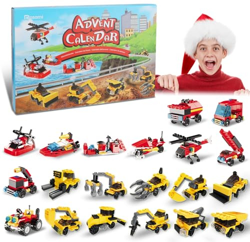 Rosami Adventskalender 2025 Kinder – Weihnachtskalender mit 24 Weihnachtsspielzeuge, Auto-Bausteine & Feuerwehr-Spielzeug, Geschenk für Jungen Mädchen