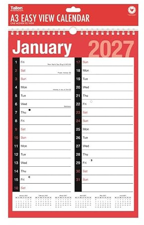 2027 Calendar Spiral Bound Wall Hanging Planner/Organiser| Large Red and Black Calendar| For Home Business Office School| With 2027 Notable Dates & Forward Planner 2028 (A3 Easy View)